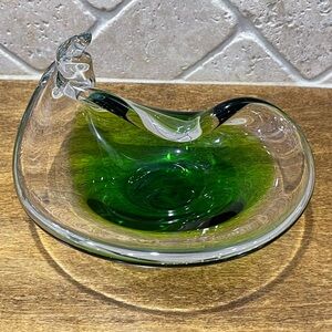 VINTAGE ITALIAN HAND BLOWN ART GLASS CLEAR & LIME GREEN BOWL